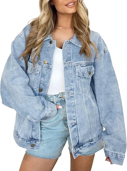 Womens Jean Jacket Denim Long Sleeve Oversized Button Down Shirts Trendy Coat Fall Fashion Winter Clothes Outfit
