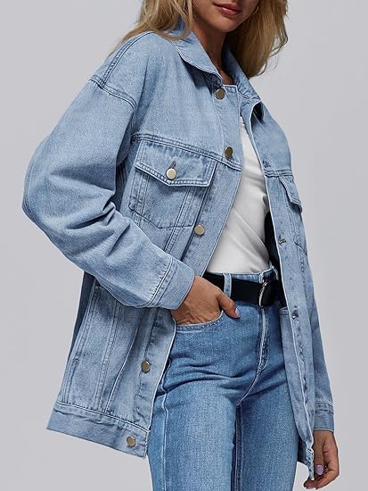 Womens Jean Jacket Denim Long Sleeve Oversized Button Down Shirts Trendy Coat Fall Fashion Winter Clothes Outfit