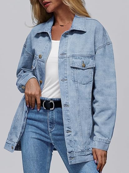 Womens Jean Jacket Denim Long Sleeve Oversized Button Down Shirts Trendy Coat Fall Fashion Winter Clothes Outfit
